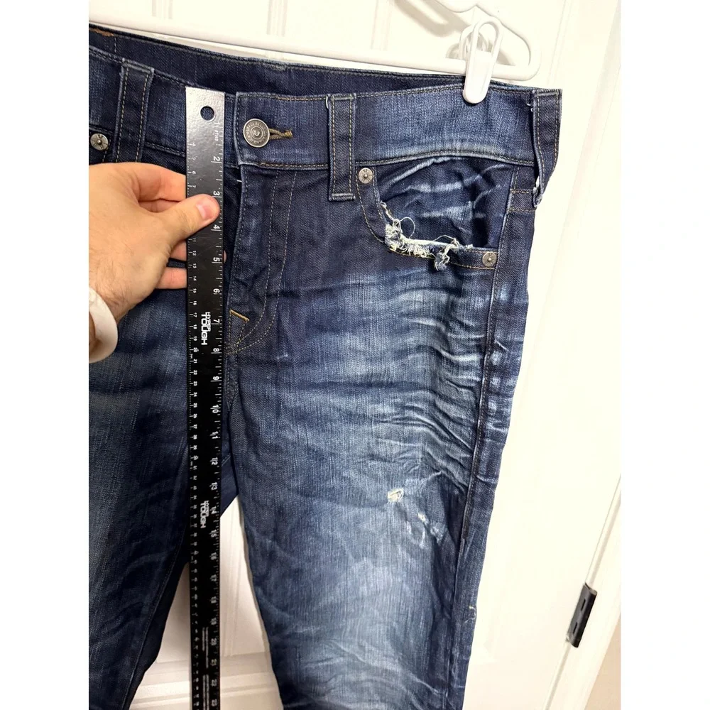 True Religion Jeans Mens 34 Ricky Relaxed Straight Distressed Dark Wash EUC